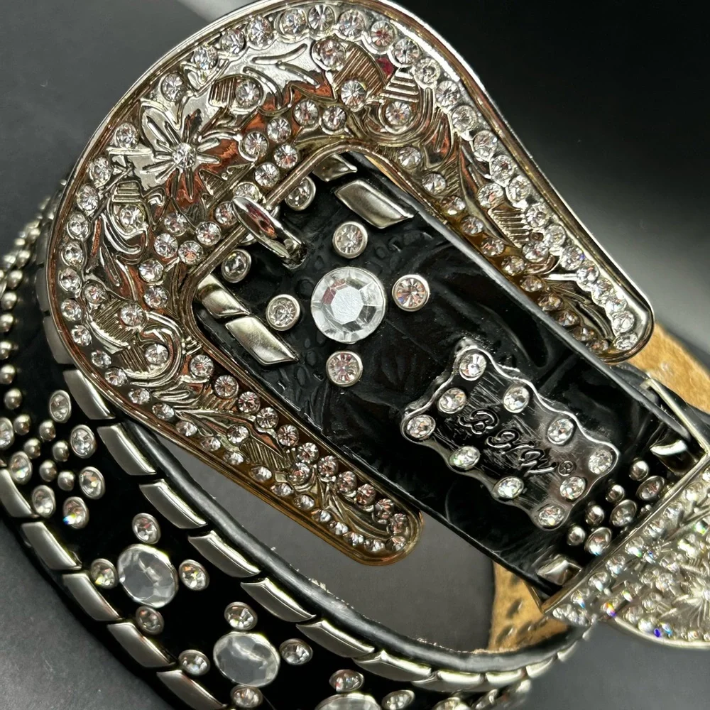 VTG BHW Rhinestone Belt‎ Black Leather and Silver Embellished Rhinestones 42”